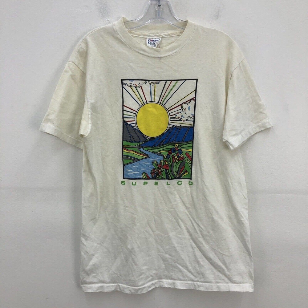 VTG 90S Supelco White Cotton Sunshine Graphic SS T-Shirt Men Size L